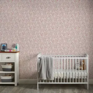 Grandeco Liberty Floral Bunny Trail Nursery Textured Wallpaper Pink