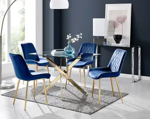 Furniturebox UK Leonardo 4 Gold Dining Table and 4 Navy Pesaro Gold Leg Chairs