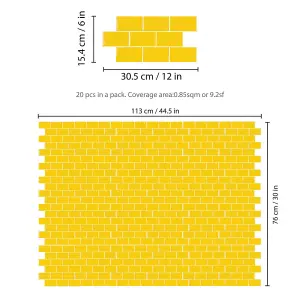 Walplus Pure Yellow Glossy Subway Metro Classic Brick 3D Tile Sticker 30.5 x 15.4cm (12 x 6 in) - 20pcs in a pack