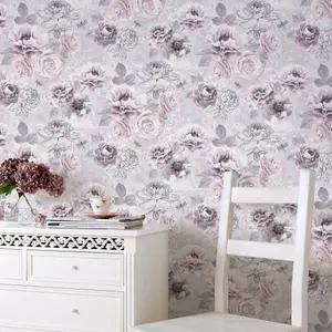 Fresco Romantic ink Grey, pink & purple Floral Wallpaper