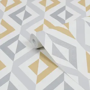 GoodHome Beril Grey & ochre Gold effect Geometric Textured Wallpaper Sample