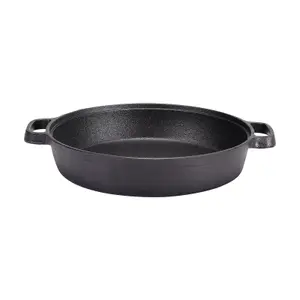 Black Round Pre Seasoned Cast Iron Kitchen Skillet Pan with Double Handles Dia 32cm