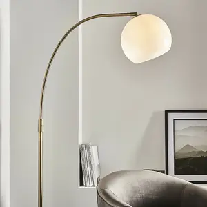 Floor Lamp Light - Matt Antique Brass & Opal Glass - 40W E27 - Complete Lamp