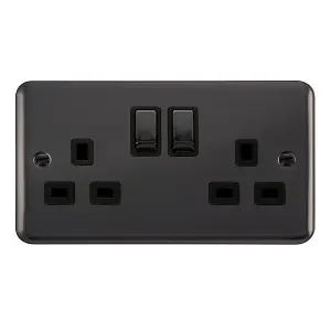 Curved Black Nickel 2 Gang 13A DP Ingot Twin Double Switched Plug Socket - Black Trim - SE Home