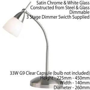 Touch Dimmer Table Lamp Light Satin Chrome & Glass Shade Classic Reading Task