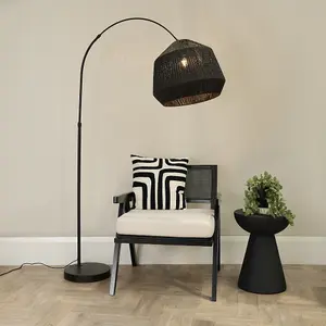 ValueLights Louis Black Arched Curved Floor Lamp with Black Rope Dome Lamp Shade and LED Bulb