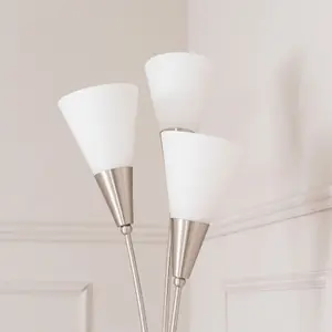 ValueLights Kristina Silver 3 Arm Floor Lamp with White Frosted Glass Shades - LED Bulb Included