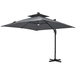 Dark Grey Outdoor Large Square Tilting Canopy LED Cantilever Parasol with Cross Base 3M