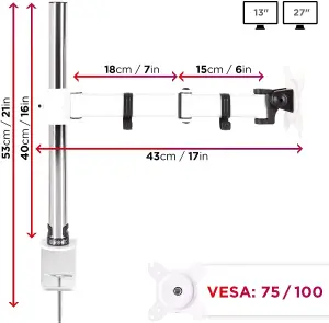 Duronic DM251X3 /WE 1-Screen Monitor Arm with Desk Clamp and VESA Bracket, Adjustable Height Tilt Swivel Rotation - 13-27 - white