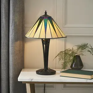 Small Tiffany Glass Table Lamp - Geometric Design - Black Finish - 40W E14 Golf