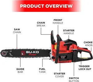 BU-KO 65cc Petrol Chainsaw 3.89HP 20" Bar with 2 Chains and 16" Bar with 2 Chains - Cover bag and Full Safety Gear