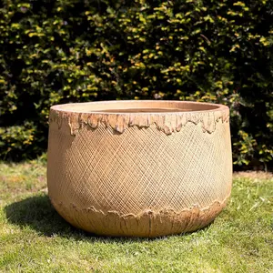 Primrose Round Textured Fibrecotta Planter In Mustard Yellow 33cm