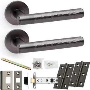 Door Handle & Latch Pack - Dark Bronze - Modern Hammered Lever On Round Rose