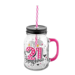 21st Birthday Mason Jar With Metal Lid Glass Handle and Pink/White Straw