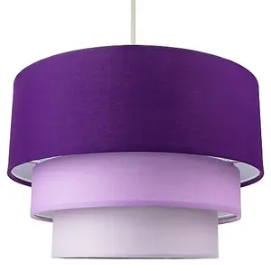 Contemporary Round Triple Tier Purple/Lilac Cotton Fabric Pendant Light Shade