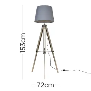 ValueLights Clipper Distressed Wood and Silver Chrome Tripod Floor Lamp with Grey Tapered Light Shade with 6w LED GLS Bulb