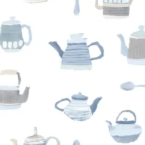 Galerie Kitchen Style 3 Blue White Beige Teapot Motif Smooth Wallpaper