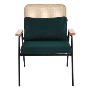 Green Frosted Velvet Effect Armchair Rattan Back Metal Frame Arm Chair with Metal Legs