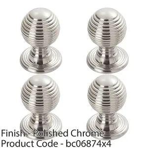 4 PACK - Reeded Ball Door Knob - 28mm Polished Chrome Lined Cupboard Pull Handle & Rose