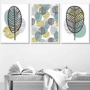 Set of 3 Mid Century Floral Pattern in Yellow and Blue Wall Art Prints / 42x59cm (A2) / White Frame