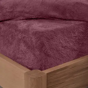 Brentfords Teddy Fleece FITTED Bed Sheet Soft Thermal Warm, Burgundy - King