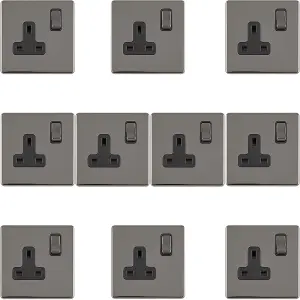 10 PACK 1 Gang DP 13A Switched UK Plug Socket SCREWLESS BLACK NICKEL Wall Power