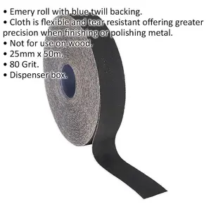 Flexible Blue Twill Emery Roll 80 Grit - 25mm x 50m for Precision Metal Finishing