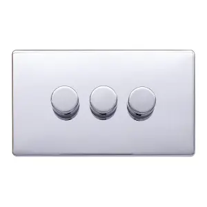 Polished Chrome Screwless Plate 100W 3 Gang 2 Way Intelligent Trailing LED Dimmer Switch - SE Home