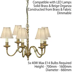 Opulent Hanging Ceiling Pendant Light Solid Brass Beige Shades 5 Lamp Chandelier