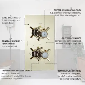 ENKI Edwardian Gold Traditional Crosshead Ceiling Fixed Brass Thermostatic Shower Set 8"