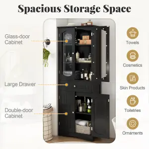 COSTWAY 160cm Tall Bathroom Cabinet Freestanding Kitchen Pantry Cabinet with 2 Glass Doors