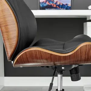 Furniturebox Parker Black Faux Leather Moulded Wooden Back Mid Century Computer Desk Office Gaming Wheeled Adjustable Swivel Chair