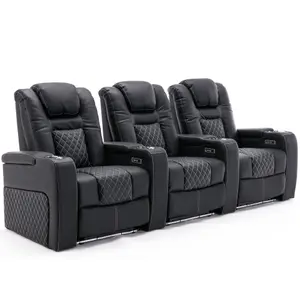 Broadway 3 Seater Electric Recliner Cinema Sofa USB Charging Led Base (Black W White Stitching)