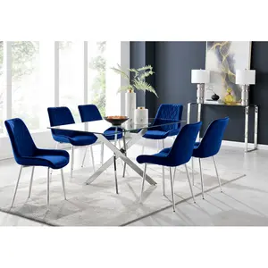 Lenworth Glass Rectangular Dining Table Set with 6 Luxury Velvet Chairs Silver / Navy/Silver