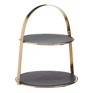 Artesà 2-Piece Brass Serving Stand With Slate Platters Set