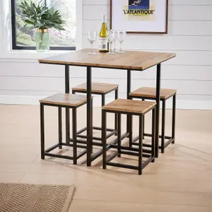 Home Source Paphos Table and 4 Bar Stool Set Oak Effect Black Metal Legs