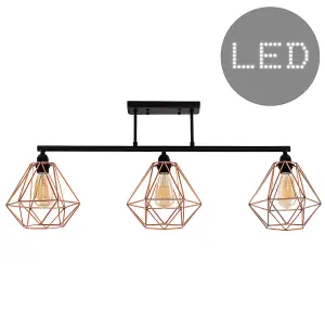 ValueLights Fillatt 3 Way Satin Black Pipework Bar Ceiling Light with Copper Basket Cage Shades and LED Bulbs In Warm White