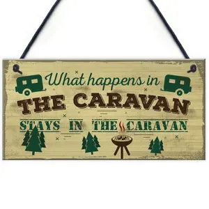 Red Ocean What Happens In The Caravan Campervan Novelty Shabby Chic Camping Holiday Door Sign Plaque