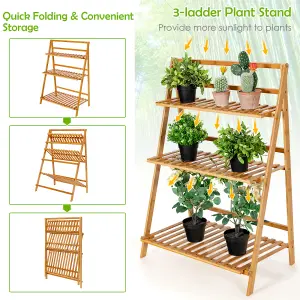 COSTWAY Foldable Bamboo Plant Stand 3-tier Ladder Flower Pot Display Shelf