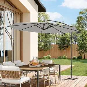 3M Large Rotatable Garden Sun Shade Cantilever Parasol Patio Hanging Banana Umbrella Crank Tilt with Cross Base, Light Grey