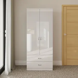 2 Door 2 Drawer White Gloss Double Combination Wardrobe Scratch Resistant