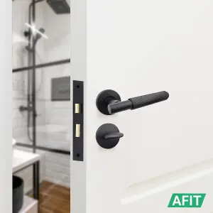 AFIT Matt Black Knurled Bathroom Door Handle Set - Handles, Turn & Release, Lock & Hinges 76mm - Dixon Range