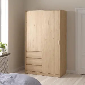 Tvilum Esla Scandinavian Matt jackson hickory oak effect 3 Drawer Double Sliding door wardrobe (H)2004mm (W)1185mm (D)600mm