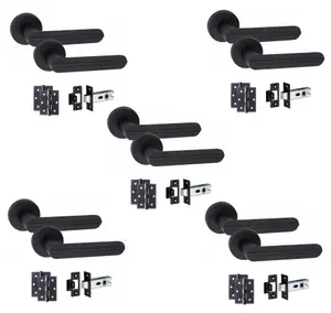 5 Pair Modern Lima Design Matt Black Premium Door Handles Round Rose 3" Ball Bearing Hinges and 2.5" Tubular Latch - Golden Grace