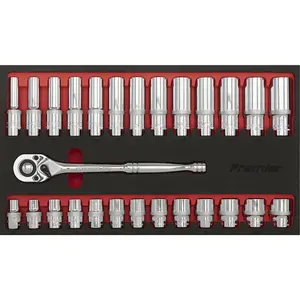 27 PACK DEEP Socket Set - 1/2" Metric Square Drive 6 Point & Ratchet Handle