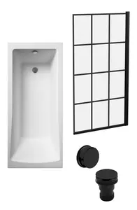 Square Single Ended Bath, Abstract Black Screen and Black Waste -1700x700mm