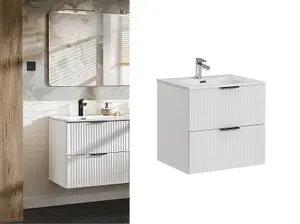 Bathroom Vanity Unit with Sink Basin 600mm Ribbed Textured White Modern Wall Hung Cabinet with Drawers Adel