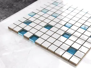 Ceramic mosaic with glass inserts on mesh for bathroom or kitchen 300mm x 300mm - White-pale blue