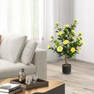 Costway Artificial Camellia Tree Faux Flower Plant Pot Artificial Tree 24 Yellow Flowers