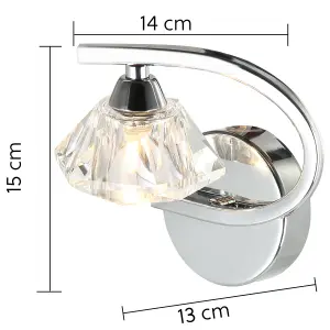 Single Left Curved Wall Light and Sconce, Clear Glass Shade, Polished Chrome Finish